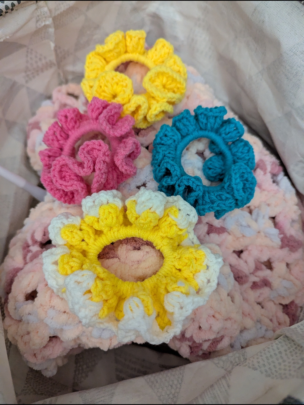 Handmade Hair Crochet Scrunchies Flower Scrunchies -1 Yellow & 1 Teal